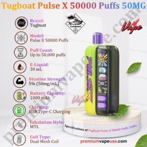 Specifications of Tugboat Pulse X 50000 Puffs 50MG