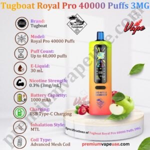 Specifications of Tugboat Royal Pro 40000 Puffs 3MG
