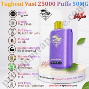 Specifications of Tugboat Vast 25000 Puffs 50MG