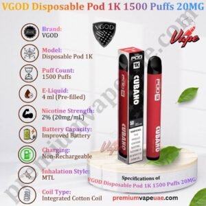 Specifications of VGOD Disposable Pod 1K 1500 Puffs 20MG