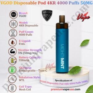 Specifications of VGOD Disposable Pod 4KR 4000 Puffs 50MG