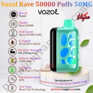 Specifications of Vozol Rave 50000 Puffs 50MG
