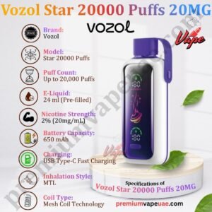 Specifications of Vozol Star 20000 Puffs 20MG